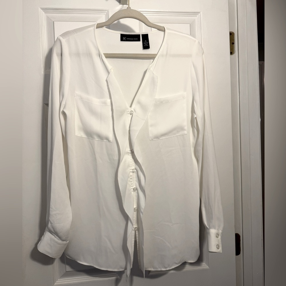 INC International Concepts white semi-sheer ruffle & button front blouse size 10